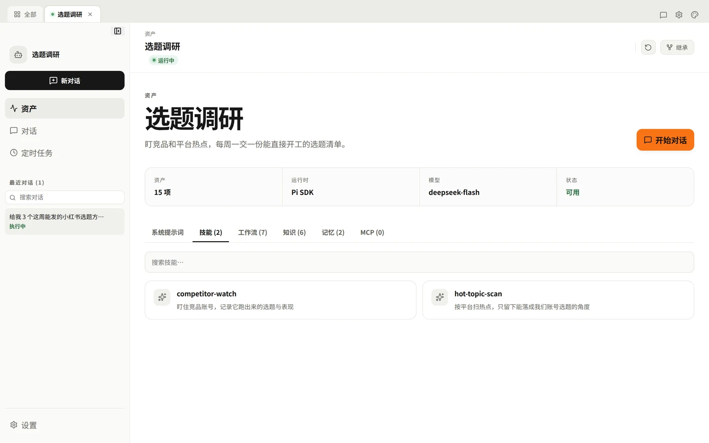 An agent assets page with total assets, runtime, model and status above tabs for prompt, skills, workflows, knowledge and memory; the skills tab lists competitor-watch and hot-topic-scan with descriptions.